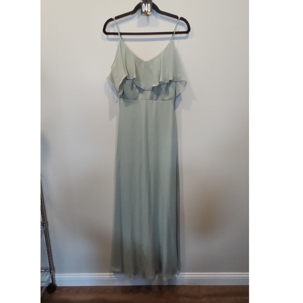 Birdy Grey Sage Green Ruffle V-Neck Maxi Bridesmaid Dress Small Formal Gown